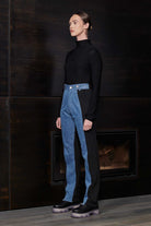 Side view of a model wearing the women's straight leg jean joggers